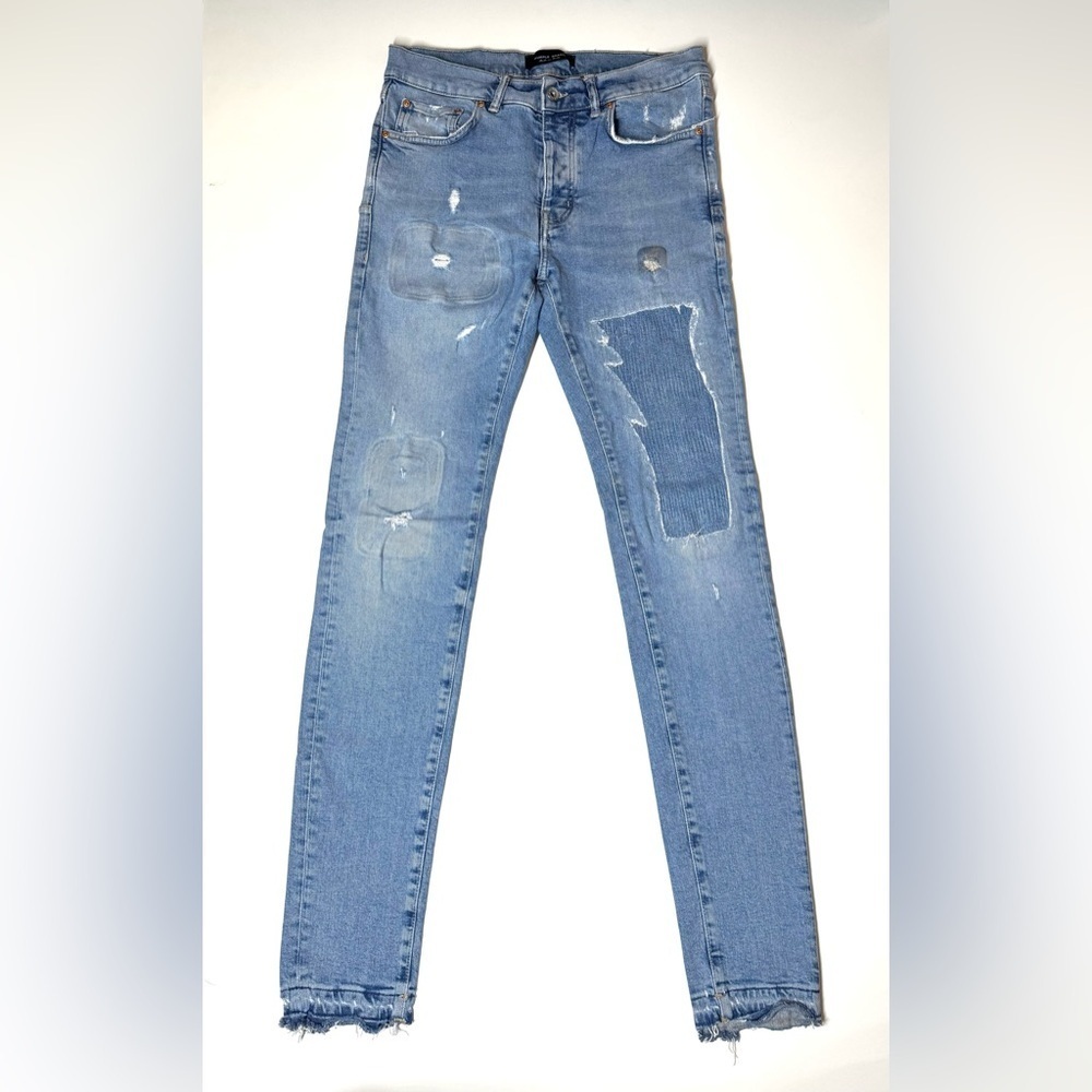 Purple Brand Menâs P001 Button Fly Indigo Distressed Skinny Jeans Size- 33